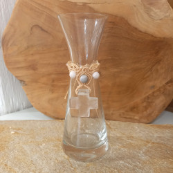 Magische kleine Glaskaraffe mit handgeknüpftem Makramee ✨ Bergkristall-Kreuz – Jaspis & Glasperlen -Unikat